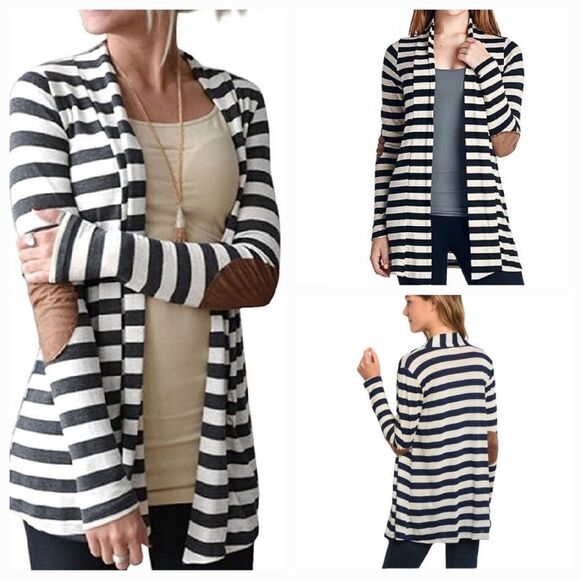 🔹️🔺️Always Me Blue & Cream Striped Open Front Cardigan w/Elbow Patches Medium - Picture 1 of 9